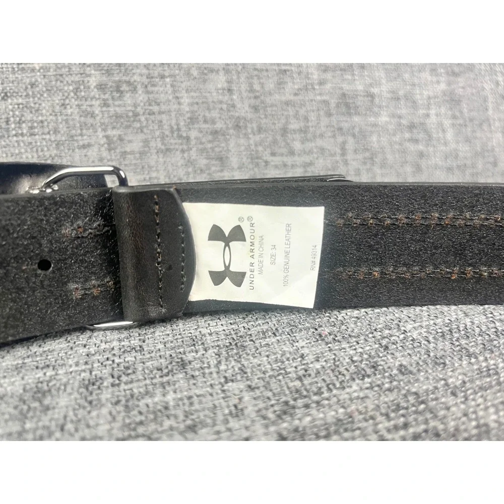 Under Armour Mens Black Leather Golf Belt Size 34 Gunmetal Plaque Buckle
